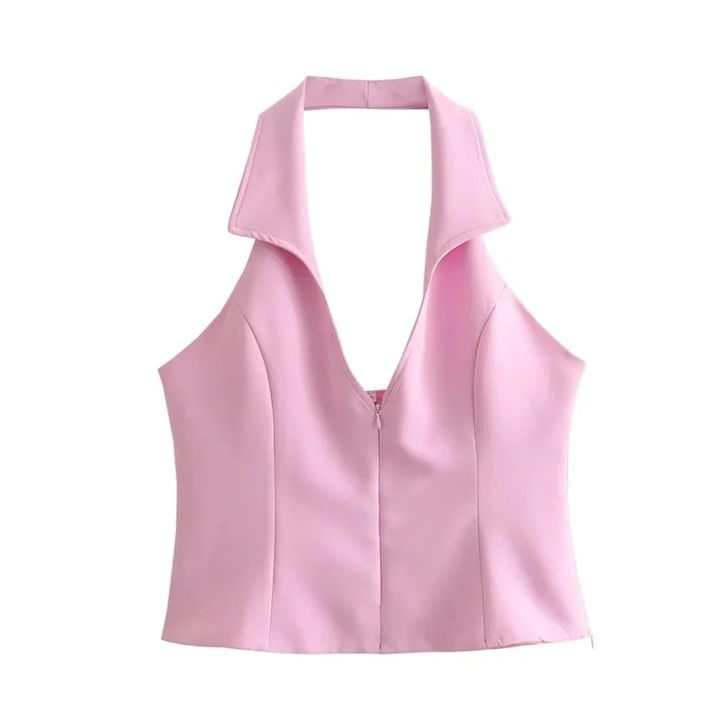 MUJER 2025 Blue Pink Halter Top Woman Off Shoulder Backless Crop Top Women Sleeveless Short Tops Woman Fashion Summer Sexy Tops