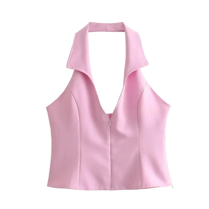 MUJER 2025 Blue Pink Halter Top Woman Off Shoulder Backless Crop Top Women Sleeveless Short Tops Woman Fashion Summer Sexy Tops