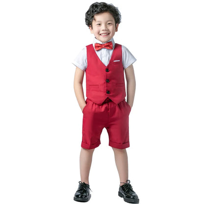 Boys Formal Birthday Photograph Suit Kids Summer Vest Shirt Short Bowtie Wedding Dress Teenager Suit Children Graduation Costume