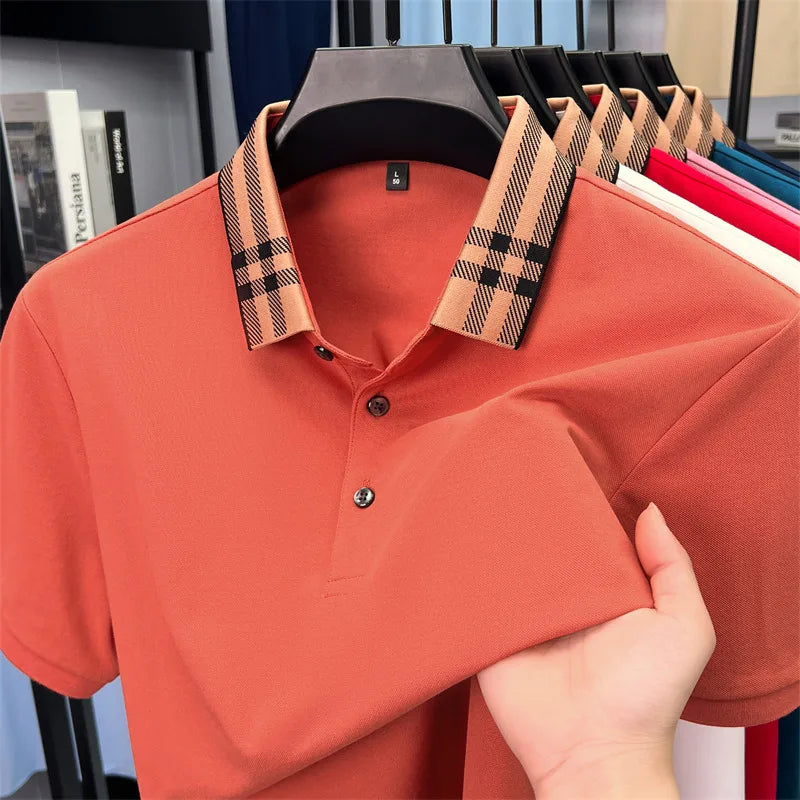Fashion brand plaid lapel short sleeve polo shirt men summer new style simple solid color high-end business casual golf T-shirt