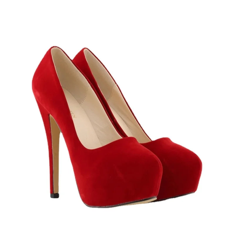 New Cross-dresser Men's Platform Pumps Unisex Queen 14cm Sexy Party Nightclub Court Flock Concealed Round Toe High Heels Shoes
