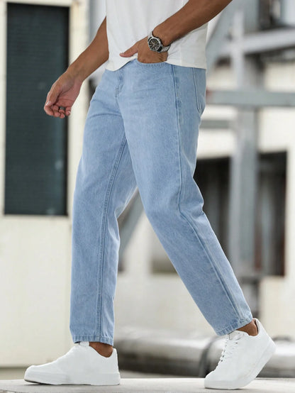 Solid color men's casual jeans, comfortable and breathable for a premium look.