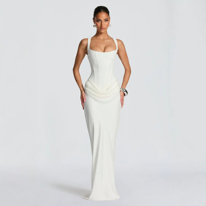 Women's casual long sleeved slim fit fishbone pure desire suspender jumpsuit long skirt slim fit solid color hip hugging dress