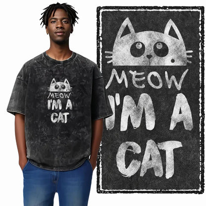 cat Printed Cotton Acid Washed Exclusive Graphic Unisex T Shirt Cool Streetwear Men Tshirts Big Size Tee for men
