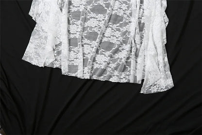 Lace Flare Sleeve Square Neck A-line Dress Sweet E-girl Irregular Long Hem Dresses Cyber Y2K Party Vestido