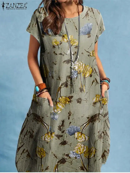 Women Summer Dress Bohemian Floral Print Vestido O-Neck Short Sleeve Pockets Sundress Fashion Casual Elegant Holiday Robe