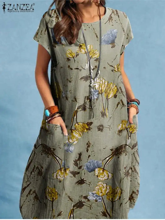 Women Summer Dress Bohemian Floral Print Vestido O-Neck Short Sleeve Pockets Sundress Fashion Casual Elegant Holiday Robe
