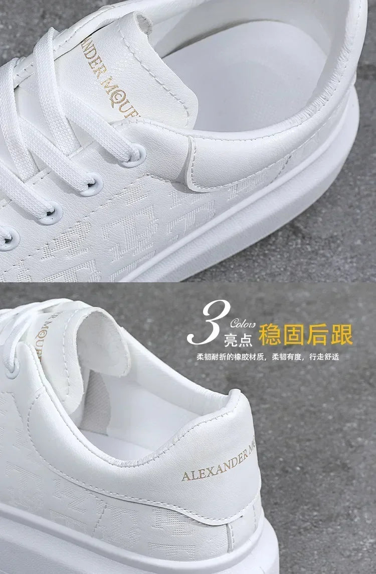 2025 New Men's Shoes Spring and Autumn Flat-soled Casual Leather Shoes Sports Shoes Black and White Men's Thick-soled Breathable