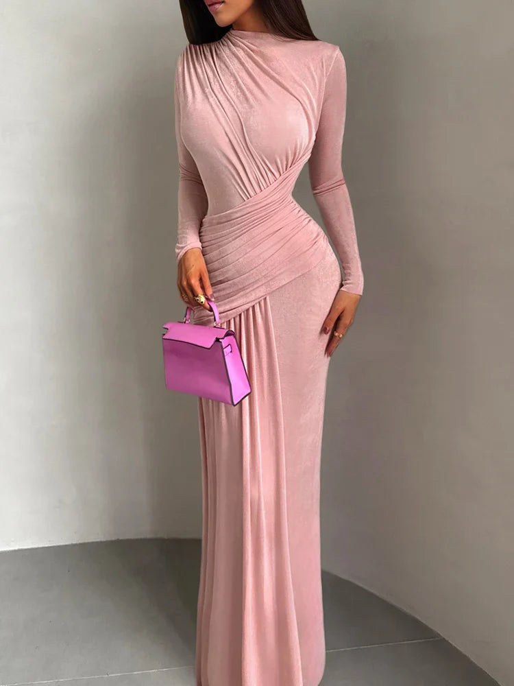 Folds Maxi Dress Women o-Neck Full Sleeve Solid Banquet Elegant Vacation Fashion Autumn Skinny Casual Simple Vestidos
