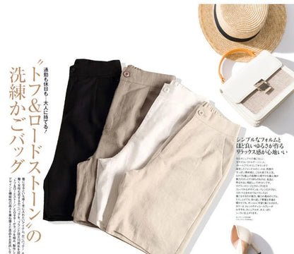 Khaki Solid Casual Linen Cotton Elastic High Waist Wide Leg Button Loose Women's Shorts Korean Fashion Summer Shorts Women 2024