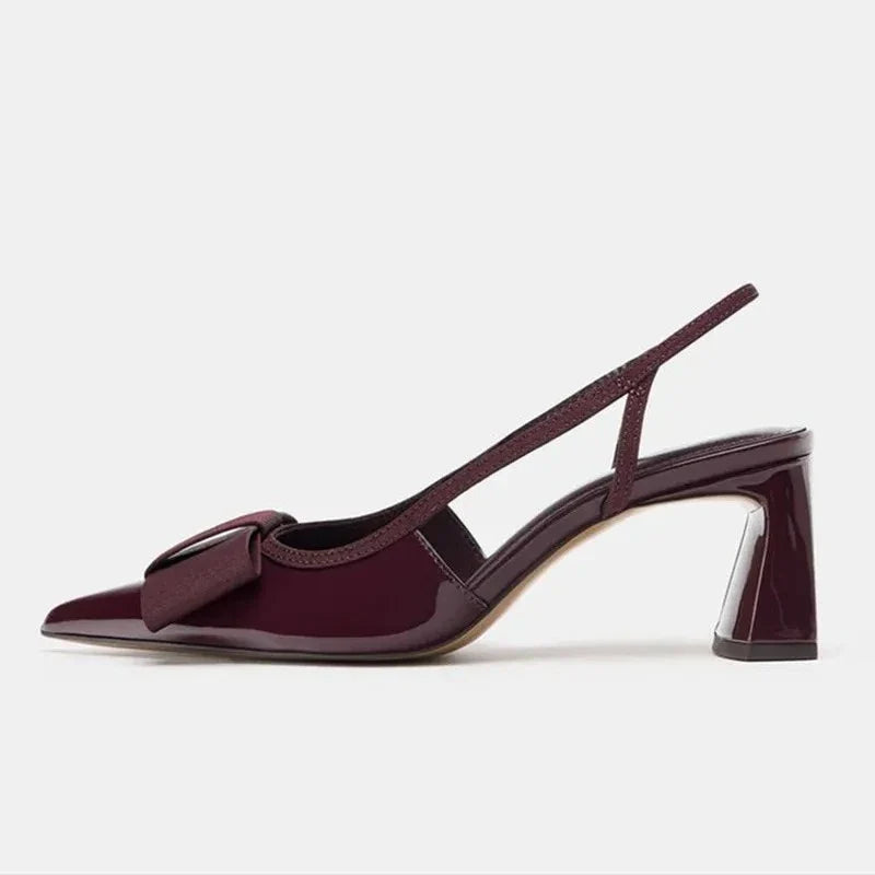 Sexy Burgundy Patent Leather Pointed Toe Pumps Women Fashion Bow Slingback Brand Designer Shoes Elegant Cozy Banquet Dress Shoes
