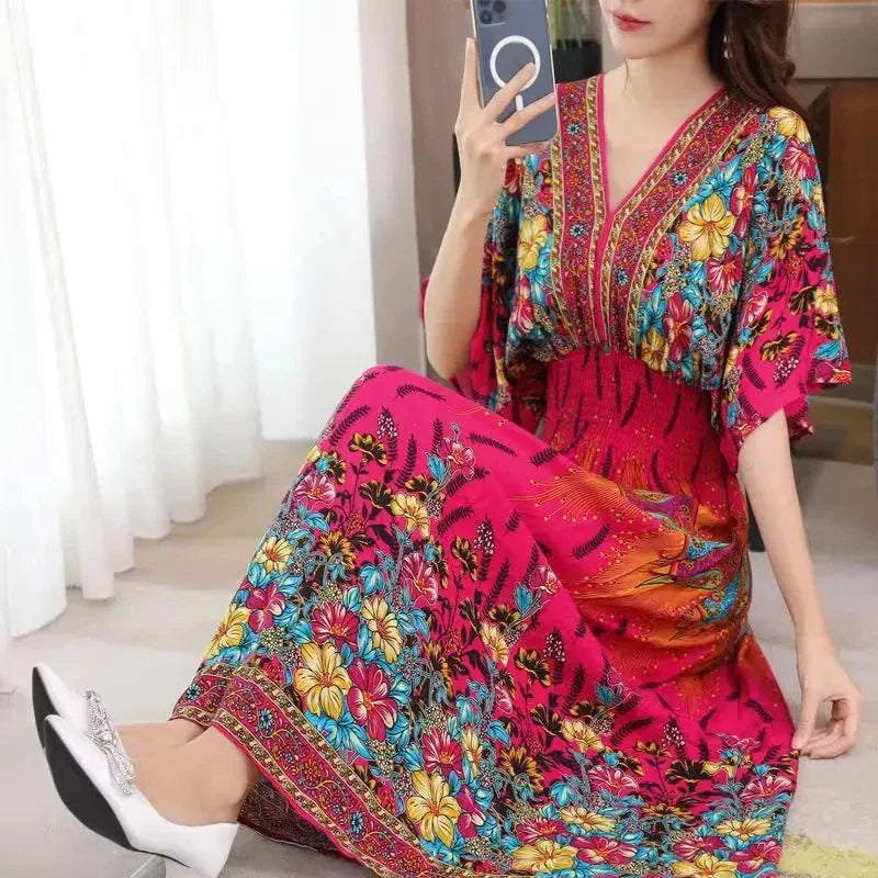 Flower V-neck Elastic Youthful Bohemian Sweet Midi Dress Woman Clothes Chic Fashion Summer Dresses 2025 Large Swing Ski