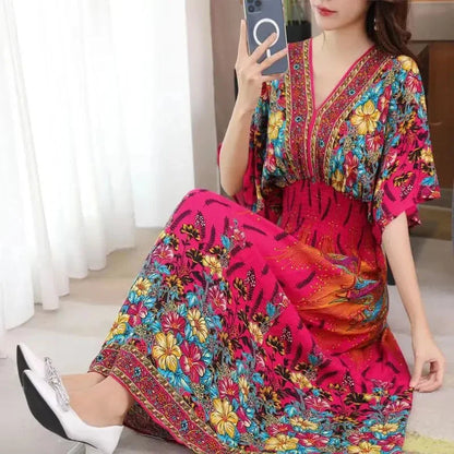 Flower V-neck Elastic Youthful Bohemian Sweet Midi Dress Woman Clothes Chic Fashion Summer Dresses 2025 Large Swing Ski