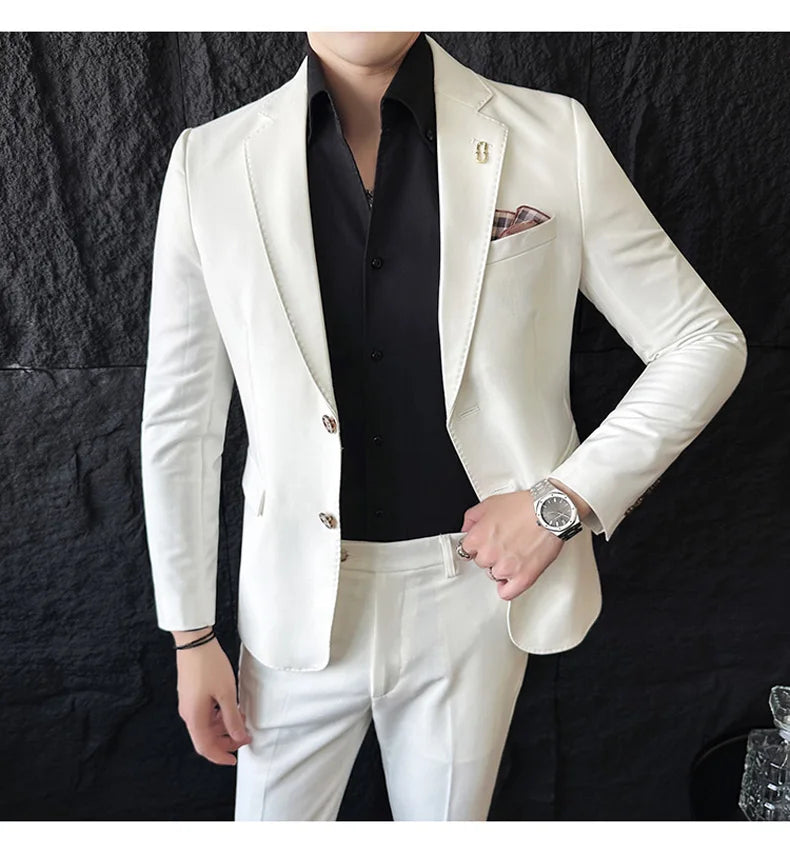 Men's Korean Style Slim Fit Suit Set, High Quality Fabric Solid Color Edge Pressing for Wedding Business