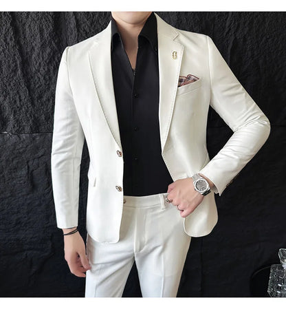 Men's Korean Style Slim Fit Suit Set, High Quality Fabric Solid Color Edge Pressing for Wedding Business