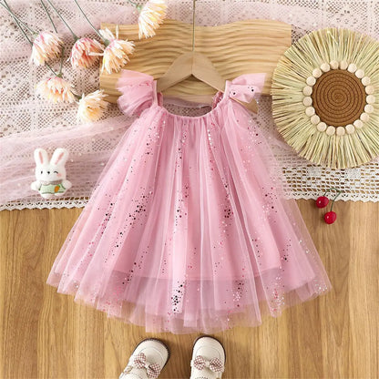 2026 Summer 1-5Y Korean Style Girls Suspender Dress Kids Flutter Sleeve Mesh Breathable Daily Party Dress Children Clothes