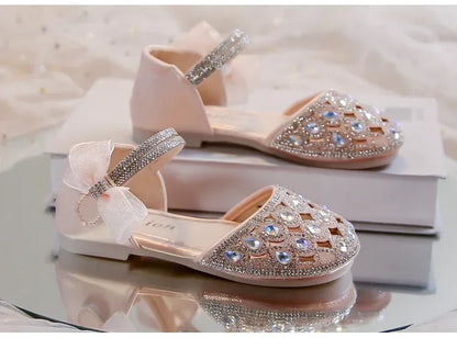 Girls Sandals Shiny Crystal Ins Trendy 2026 Summer New Kids Princess Shoes Mesh Lace Bows Girls Dance Shoes Elegant Hollowed-out