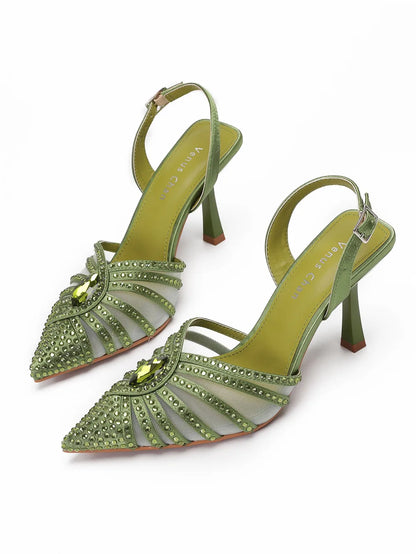 Elegant Fruit Green Women's Heels and Rhinestone Handbag Set - Italian Design for Weddings and Parties