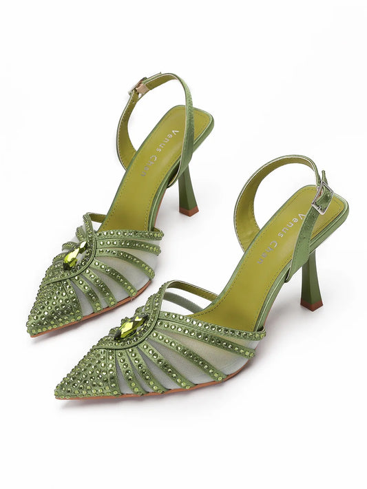 Elegant Fruit Green Women's Heels and Rhinestone Handbag Set - Italian Design for Weddings and Parties