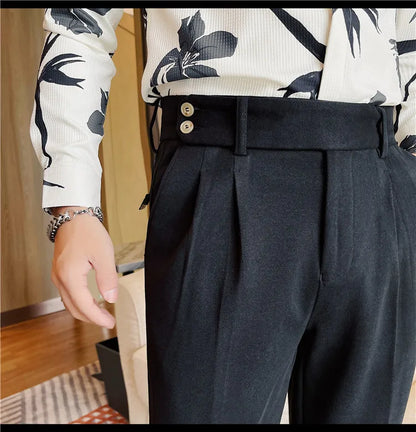 Men's Slim Fit Naples Business Casual Trousers Made of Autumn and Winter Wool, Thickened for Warmth, Classic Ankle-length Pants.