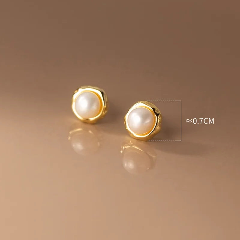 925 Sterling Silver Simple Natural Baroque Pearl Korean Stud Earrings for Women Fashion Moon Surface Statement Jewelry