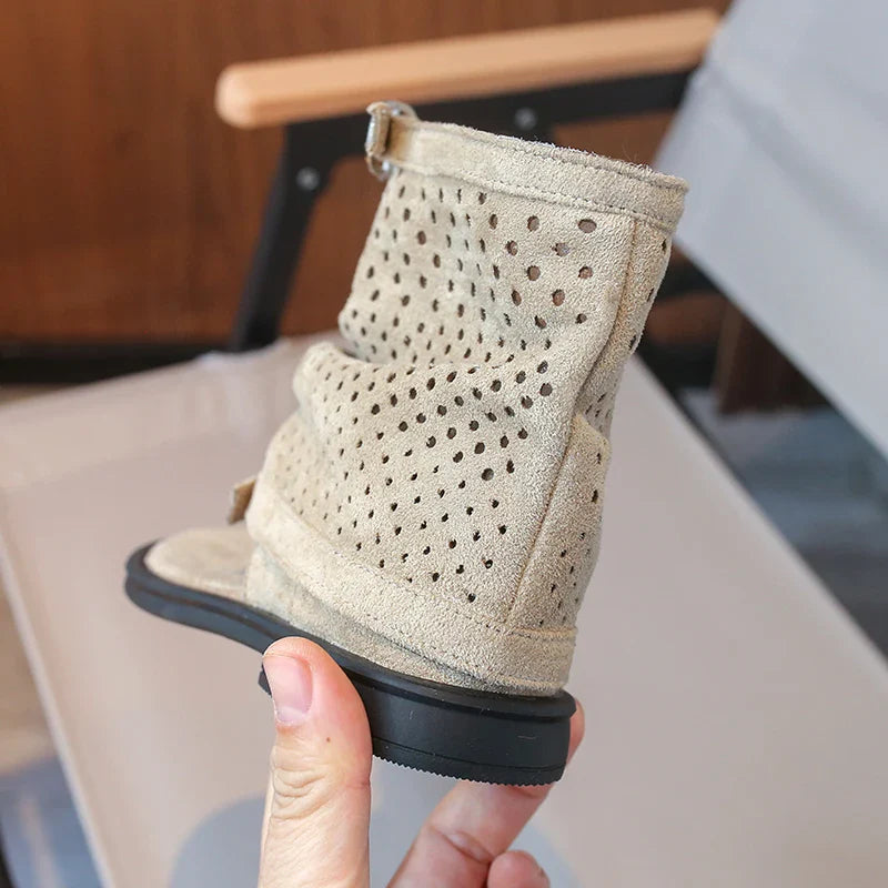 Ankle-strap Summer Slouchy Boots for Girls Suede Leather High-top Sandals Princess Cut-outs Flip Flop Dress Shoes Child J03203