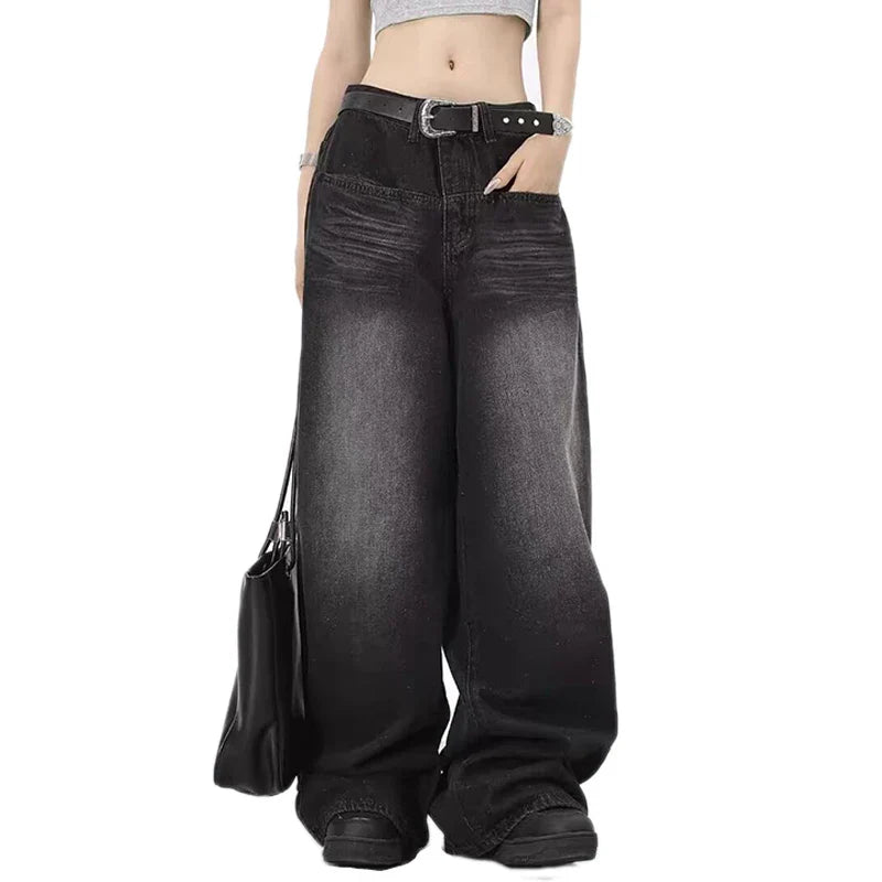 Oversized Retro Black Jeans Wide Leg Pants For Women