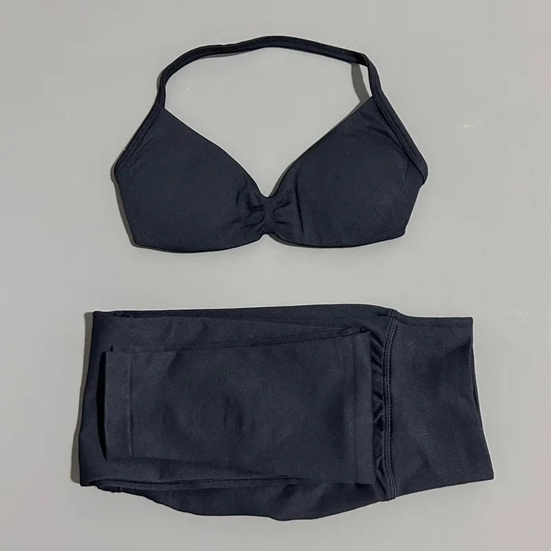 2 Piece Sports Set Women Yoga Backless Halter Bra High Waist Scrunch Seamless Pants Sport Suit Gym Sportswear Workout Set