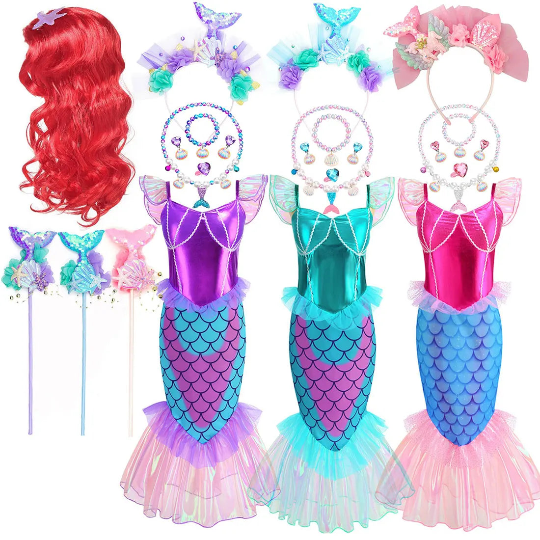 Blue Red Purple Three Colors Mermaid Flying Sleeve Fishtail Beautiful Dress For Girl Summer Beach Party Cool Swimsuit Set