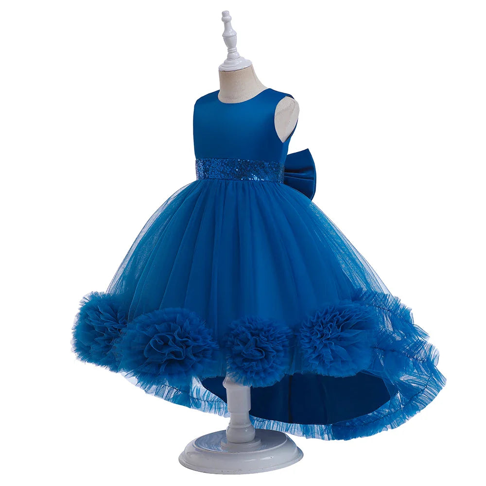 Elegant Trailing Flower Party Girls Dress Summer Wedding Bridesmaid Princess Prom Dress Girl Tull Bow Birthday Evening Ball Gown