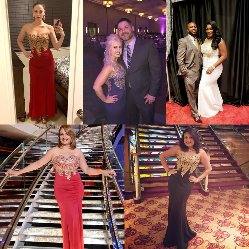 Elegant Mermaid Evening Dress Women Golden Appliques Lace Royal Blue Sweetheart Illusion Wedding Party Prom Gowns Robe de Soiree