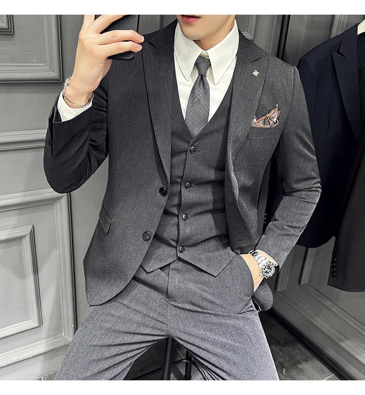 Slim Fit Men's Three Piece Suit Thin Single Button Notch Lapel Casual Fashion Cotton Blend Spring Autumn Wear for Youth