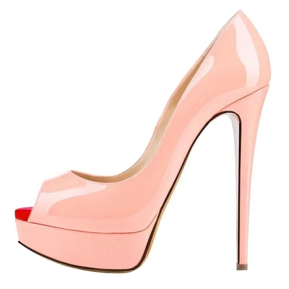 2026 New Women Pumps Sexy Platform Peep Toe 14cm Extremely High Heels Stiletto Patent Leather Party Nighclub Red Wedding Shoes