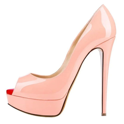 2026 New Women Pumps Sexy Platform Peep Toe 14cm Extremely High Heels Stiletto Patent Leather Party Nighclub Red Wedding Shoes