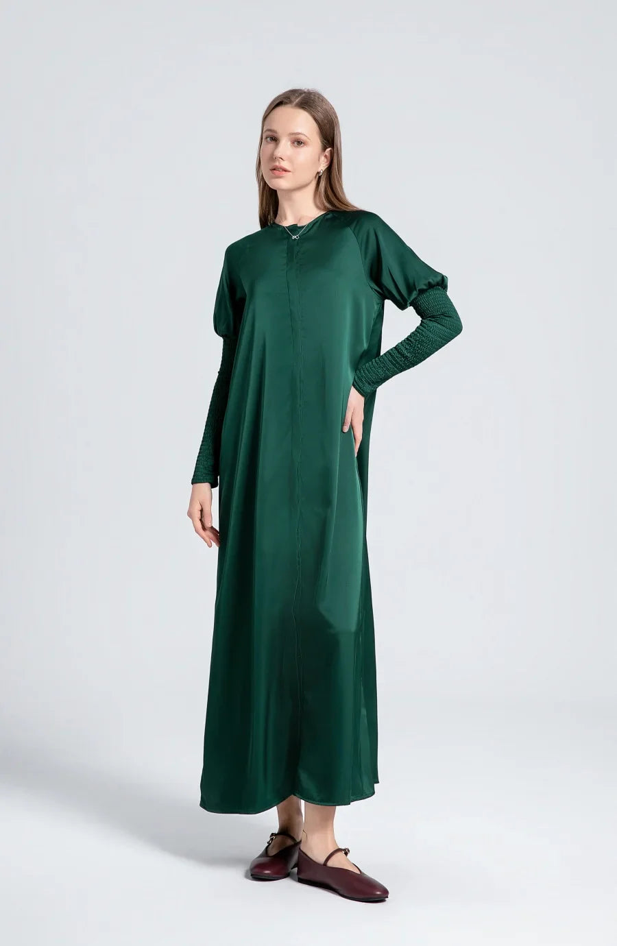 woman clothing satin dress button down design smocking sleeve maxi dress ( Ship out in 1 day)