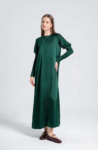 woman clothing satin dress button down design smocking sleeve maxi dress ( Ship out in 1 day)