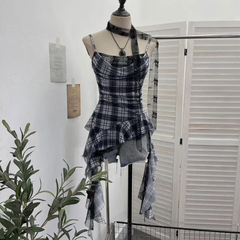 Y2K Plaid Camisole for Women Summer Casual Lace Scarf Breathable Stretch Mesh Patchwork Asymmetrical Ruffle Slim Tops