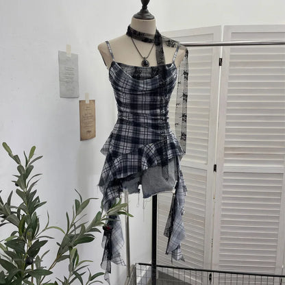 Y2K Plaid Camisole for Women Summer Casual Lace Scarf Breathable Stretch Mesh Patchwork Asymmetrical Ruffle Slim Tops