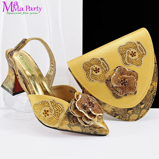 Spring New Design Italian Ladies High Heels Shoes Matching Irregular design Bag in Yellow Color with Appliques