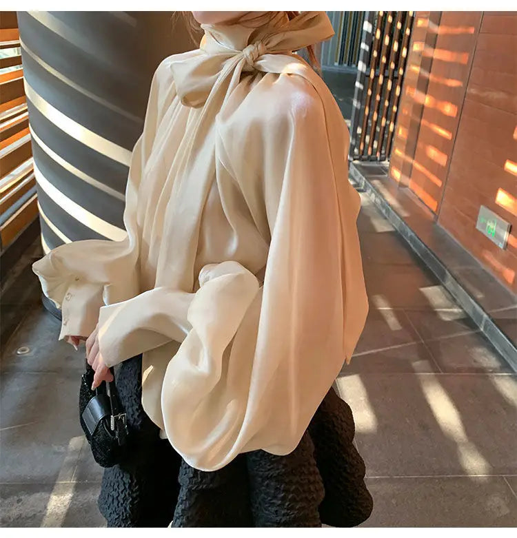 Spring Autumn Women Fashion Tops New Shirts Lantern Sleeve Stand Collar Solid Casual Vintage Elegant Temperament Long-Sleeved