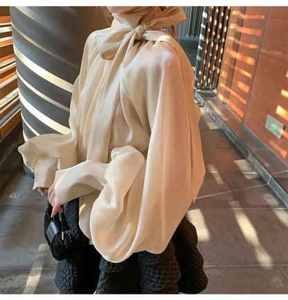 Spring Autumn Women Fashion Tops New Shirts Lantern Sleeve Stand Collar Solid Casual Vintage Elegant Temperament Long-Sleeved