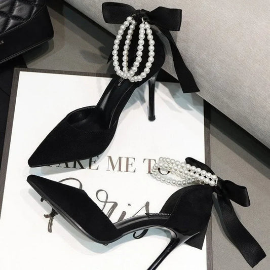 Black Women's Pumps   Summer New Brand Design String Bead Pearls Wedding Bridal High Heels Sexy Pointed Toe Party Dance Shoes