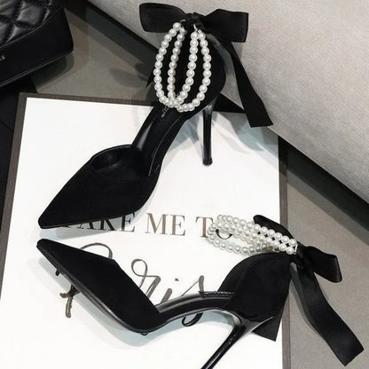 Black Women's Pumps   Summer New Brand Design String Bead Pearls Wedding Bridal High Heels Sexy Pointed Toe Party Dance Shoes