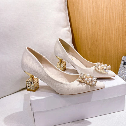 Autumn New Ladies High Heels Pointed Toe Shaped Heel High 5cm and 7cm Wedding Shoes Square Buckle Travel Banquet Shoe High Heels