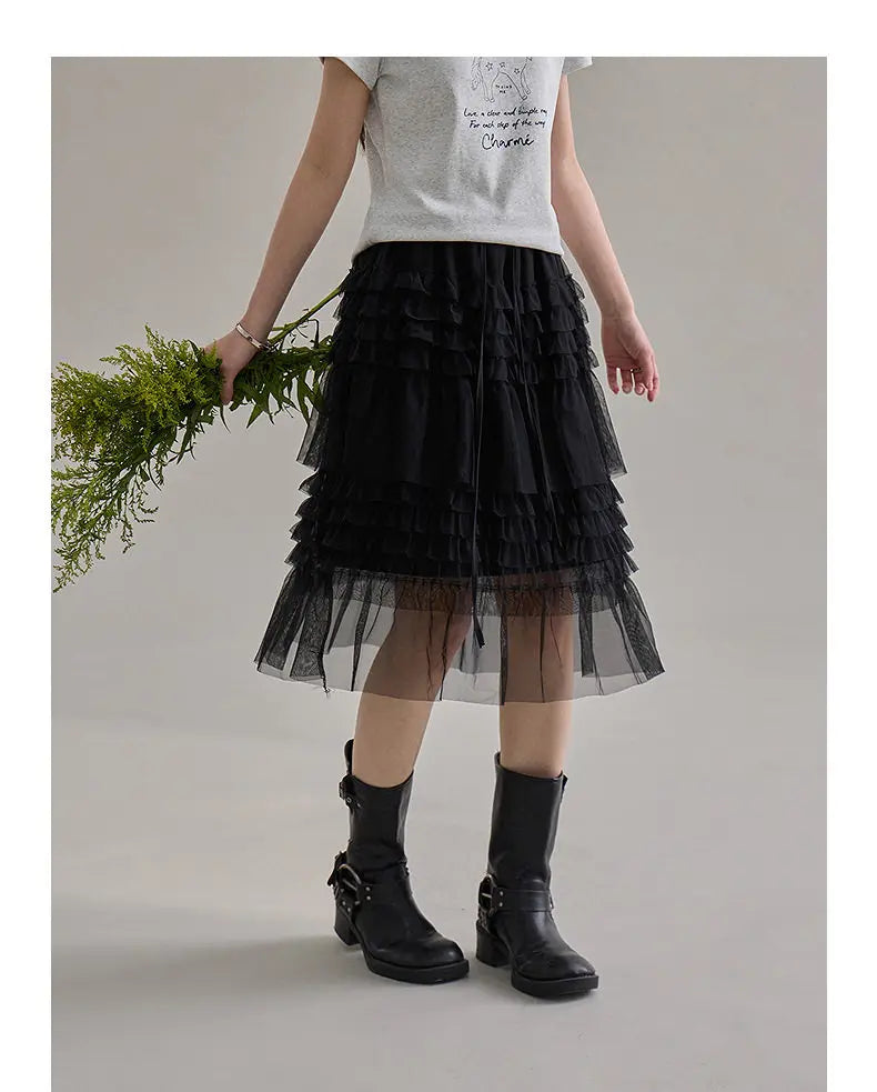 Korean Style Lace Elastic Waist Cake Skirt Mesh Puffy Skirt Women's Dress Knee Length Casual A-Line Skirt Micro Stretch No Slit
