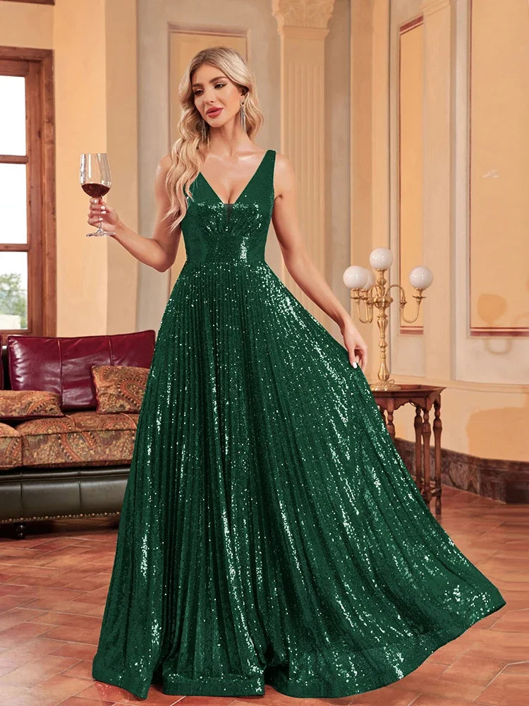 Luxury V Neck Sleeveless Formal Evening Dress Women 2024 Sequins Wedding Party Prom Maxi Cocktail Dresses Vestidos