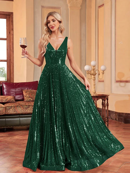 Luxury V Neck Sleeveless Formal Evening Dress Women 2024 Sequins Wedding Party Prom Maxi Cocktail Dresses Vestidos