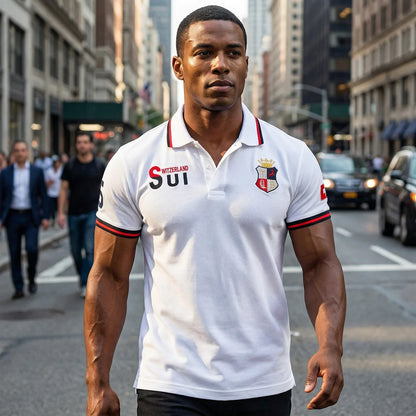 New Swiss polo shirts men short sleeved polo collars fashionable casual sporty high-end pure cotton micro elastic embroidery