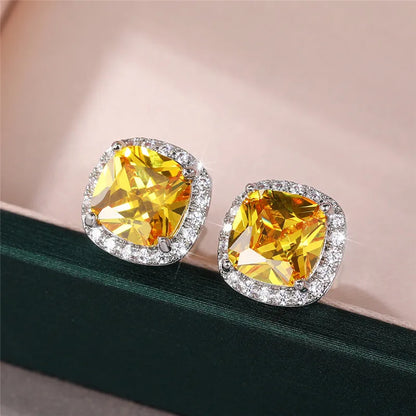 Ne'w Bright White/Yellow/Pink CZ Stud Earrings for Women Fashion Contracted Jewelry High Quality Wedding Engagement