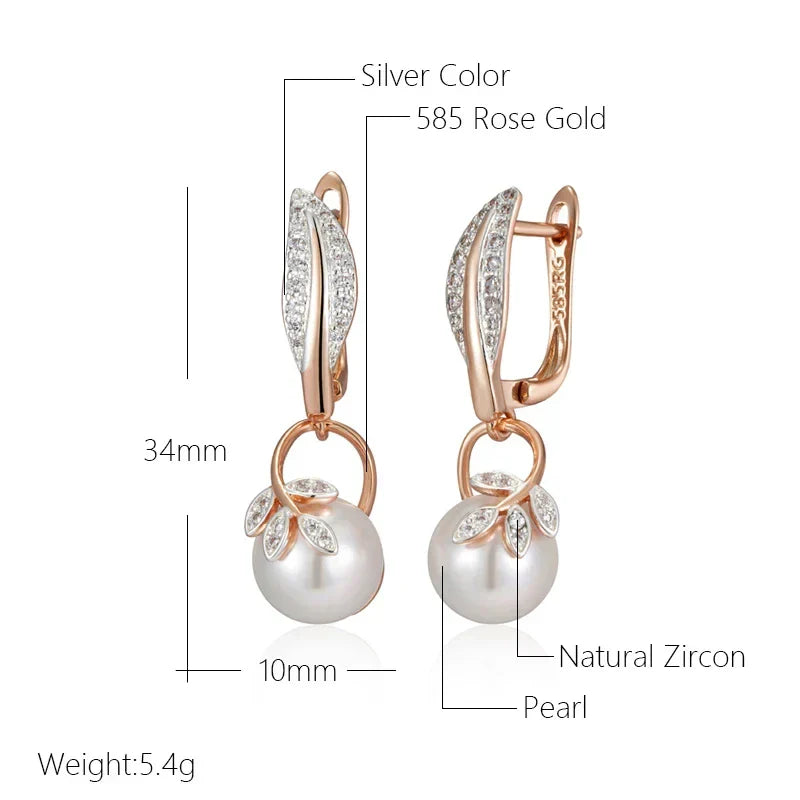 Luxury Pearl Women's Long Drop Earrings 585 Rose Gold Silver Color Ethnic Wedding Party Fine Zircon Jewelry Accessories